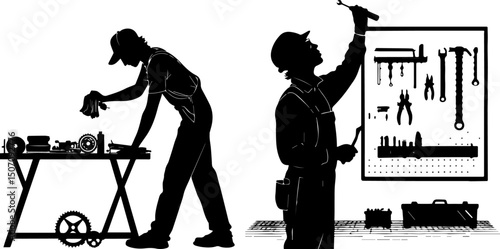 Craftsmen and Workshop Silhouettes - Manual Labor and Tool Organization