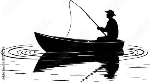 Fisherman in Rowboat Silhouette - Fishing on Calm Water with Reflections