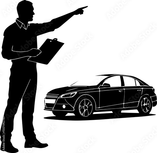 Car Salesman or Mechanic Pointing with Clipboard - Automotive Guidance Silhouette