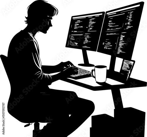 Developer Working Silhouette on Dual Monitors - Coding & Programming Concept