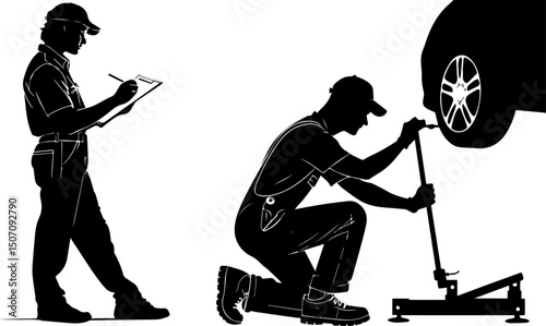 Auto Mechanic Changing Tire and Service Advisor Silhouette