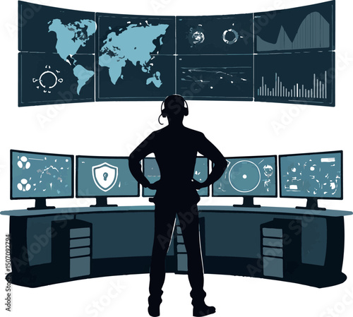 Security Operator Monitoring Global Data in Control Room