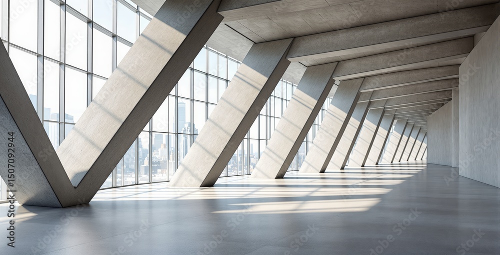 Obraz premium Spacious interior with diagonal concrete supports and large glass windows, minimalistic style, bright daylight background, concept of modern architecture, Ai generative