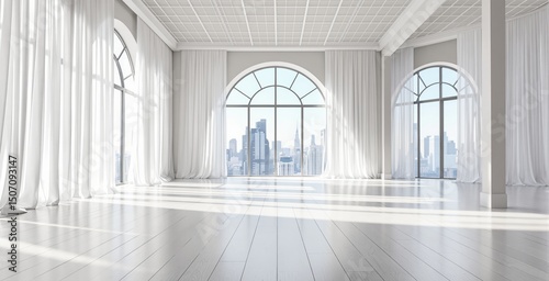 Elegant interior with tall arched windows, sheer white curtains, and white wood floor in a sunlit room, modern minimalistic concept. Ai generative
