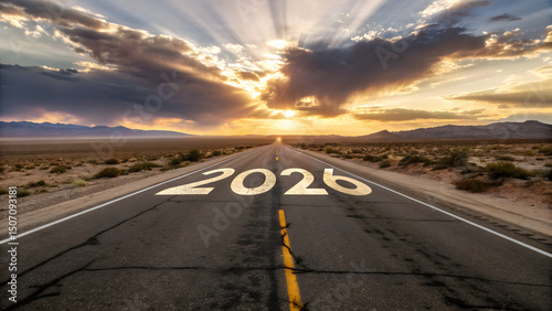 Road to the Future: A sun-drenched highway stretching towards a bright horizon, the year 2026 boldly emblazoned on the asphalt, symbolizing anticipation and journey photo