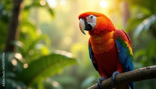 Vibrant macaw perched against a blurred green backdrop in a natural setting, showcasing its bright feathers and inquisitive expression during daytime