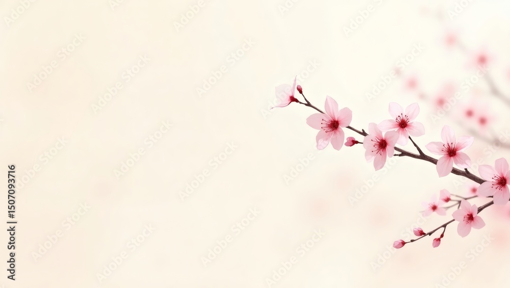 Fototapeta premium Delicate pink cherry blossoms on a branch against a soft, light background. The blossoms are in full bloom, showcasing their delicate petals and vibrant color.