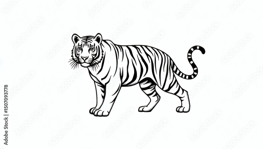 Obraz premium Striped tiger illustration, standing majestically. The tiger's details are clearly shown in black and white style. 