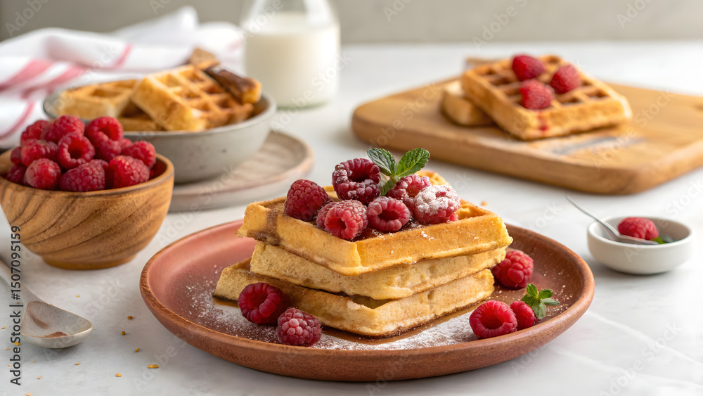 Golden waffles with fresh raspberries: Three golden waffles stacked high, adorned with vibrant raspberries and a dusting of powdered sugar, presented with a bottle of milk Golden waffles with fresh raspberries: Three golden waffles stacked high, adorned with vibrant raspberries and a dusting of powdered sugar, presented with a bottle of milk