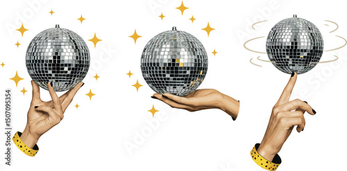 Sparkling disco ball collection with hand gestures for party celebrations and design. Vector illustration