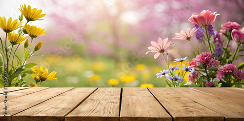 Wooden table with a spring or summer background featuring colorful flowers, perfect for product display
