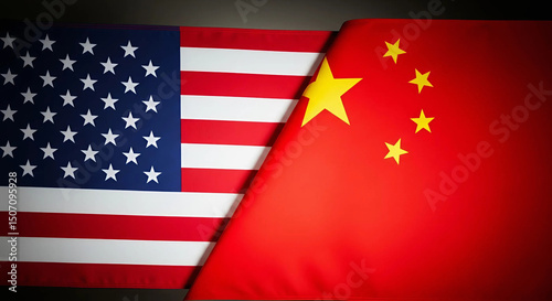 Flags of the United States and China facing each other, symbolizing a competitive relationship, Generative AI.
