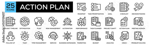 Action Plan icon set. Containing design Strategic Roadmap, Task Prioritization, Goal Setting, Action Checklist, Decision Making.