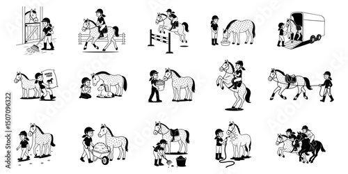 Set of black and white illustrations showing various horse care and riding activities