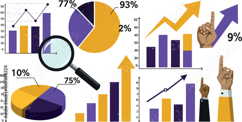 Business analytics and data visualization with graphs, charts, and arrows. Vector illustration