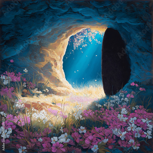 Abstract Representation of an Empty Tomb Light, Flowers, and Hope