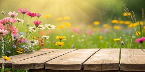 Wooden table with a spring or summer background featuring colorful flowers, perfect for product display