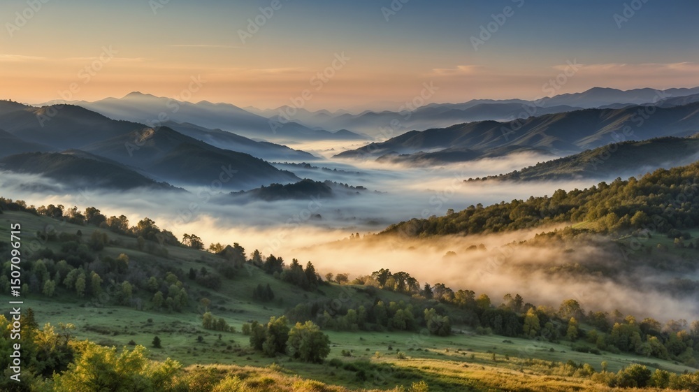 Fototapeta premium Sunrise Over Misty Hills and Forest