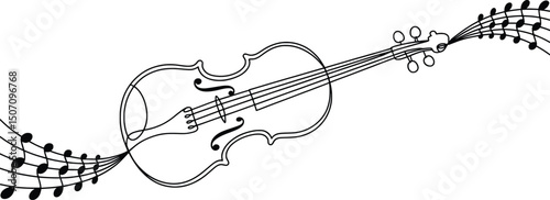 Violin Line Art with Flowing Musical Notes Illustration.