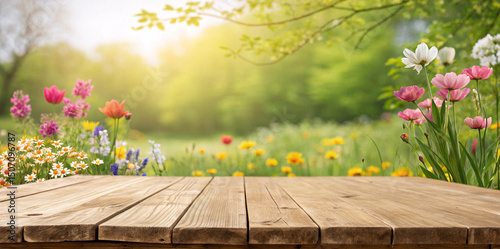 Wooden table with a spring or summer background featuring colorful flowers, perfect for product display