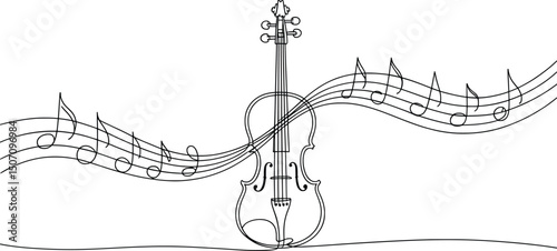 Violin Line Art with Flowing Musical Notes Illustration.