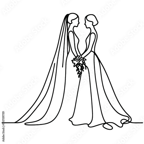 Minimalistic line art of two brides exchanging vows during a lesbian wedding ceremony.