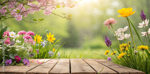 Wooden table with a spring or summer background featuring colorful flowers, perfect for product display