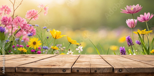 Wooden table with a spring or summer background featuring colorful flowers, perfect for product display