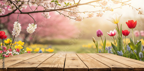 Wooden table with a spring or summer background featuring colorful flowers, perfect for product display