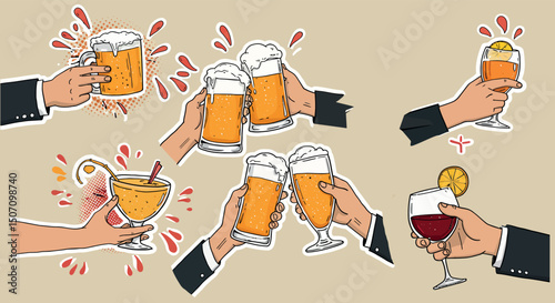Cheers celebration with beer and wine glasses in hand drawn style. Vector illustration