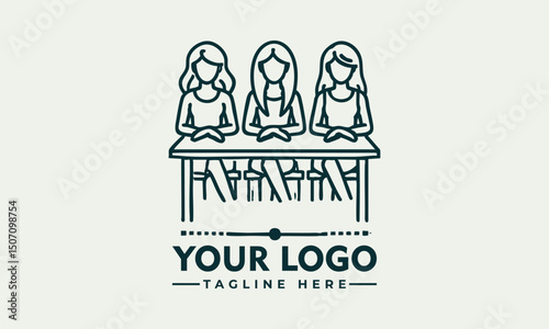 Minimalist line art of three people having a discussion around a table, collaborative meeting or teamwork concept
