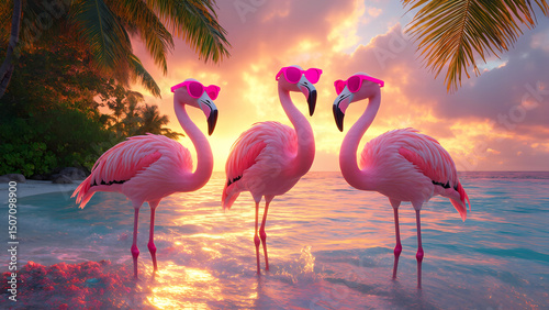three pink flamingos in sunglasses stand on the ocean shore in the waves, at sunset on a tropical island,