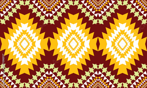 Seamless fabric pattern, triangles and rhombus lined up in rows to form a beautiful overlapping triangle shape, abstract geometric background, red, yellow