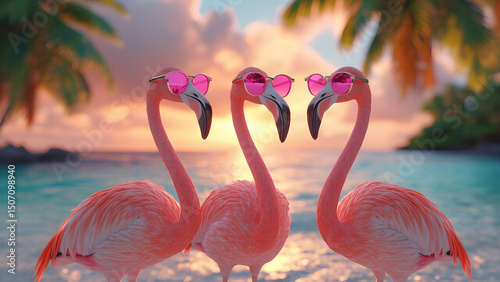 portrait close-up, three pink flamingos in sunglasses standing at sunset on a tropical island,