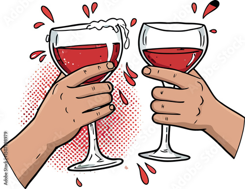Celebration toast with clinking glasses of red wine. Vector illustration