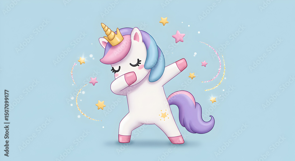Fototapeta premium Adorable Unicorn Dabbing with Stars and Magical Glitter on a Pastel Blue Background