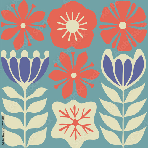 Colorful floral pattern design with stylized flowers in retro mid-century modern style