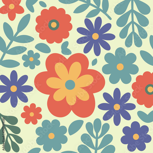 Colorful floral seamless pattern featuring stylized flowers and leaves on a pastel background