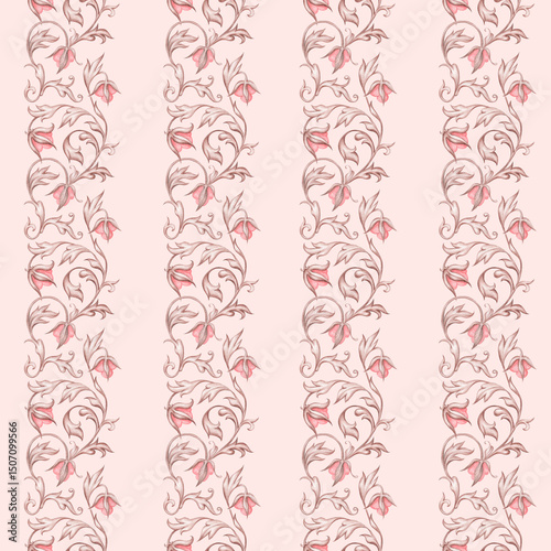 Seamless pattern decorative flowers, vertical border on a light pink background. For wallpapers, covers and décor interier photo