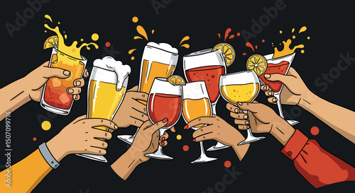 Cheers and celebration with diverse hands toasting colorful drinks – perfect for party invitations. Vector illustration