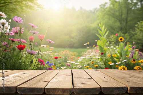 Wooden table with a spring or summer background featuring colorful flowers, perfect for product display