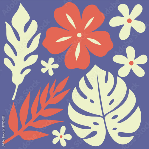 Colorful tropical flower and leaf arrangement on a purple background with cutout style