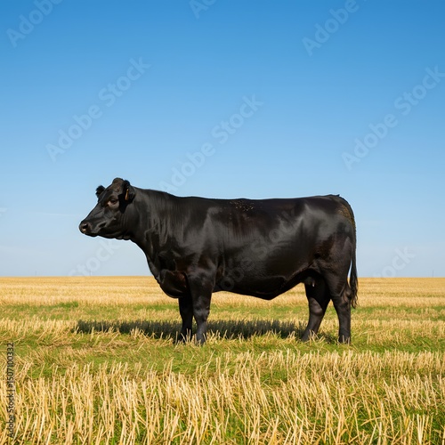 Black angus cow in a harvested field