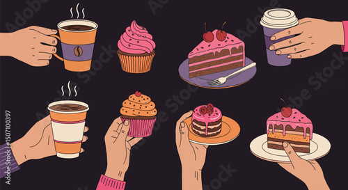Indulgent coffee and dessert moment with cupcakes, chocolate cake, and slices. Vector illustration