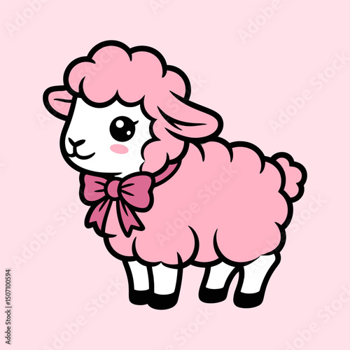 Cute pink lamb with bow cartoon illustration