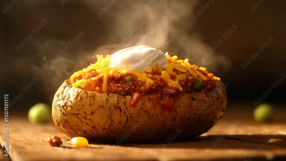 baked potato with cheese, potato with creme, cheese, meat