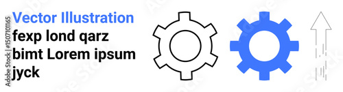 Two gear icons in black and blue and an upward-pointing growth arrow. Ideal for teamwork, productivity, innovation, progress, technology, business strategy, and a simple landing page