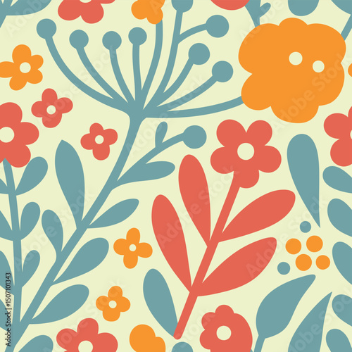 Seamless floral pattern in warm tones with stylized flowers and leaves in a repetitive design.