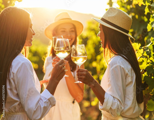Attractive young adult women friends drinking wine at a vineyard during sunset. People are fictional.