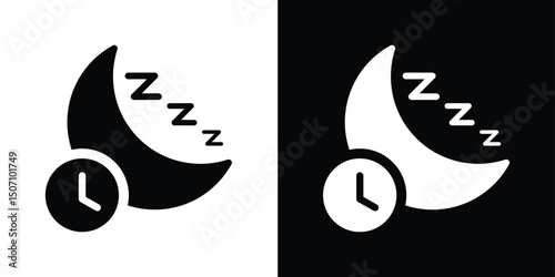Sleep time icon. Sleep tracking symbol with moon and clock sign. Night time black and white icon for app or UI design. Transparent PNG and Vector illustration.